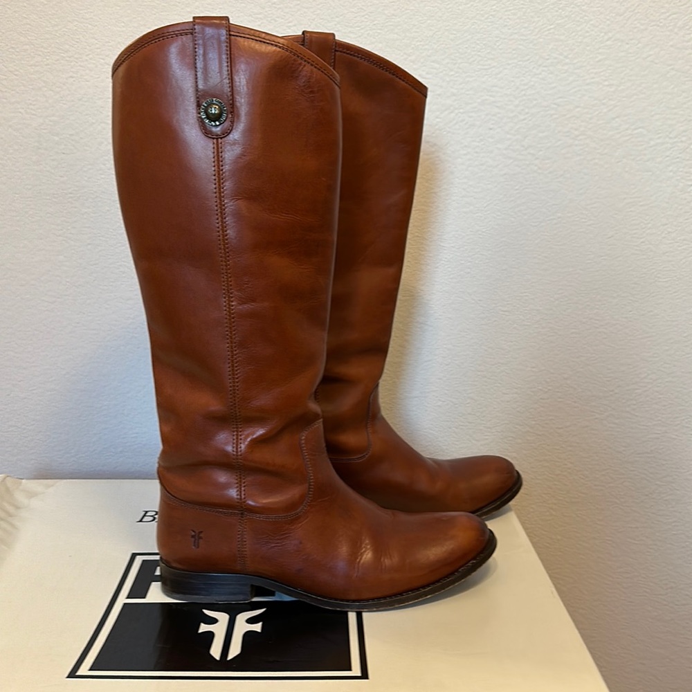 Frye Melissa Button Leather Tall Riding Boots Cognac extended calf